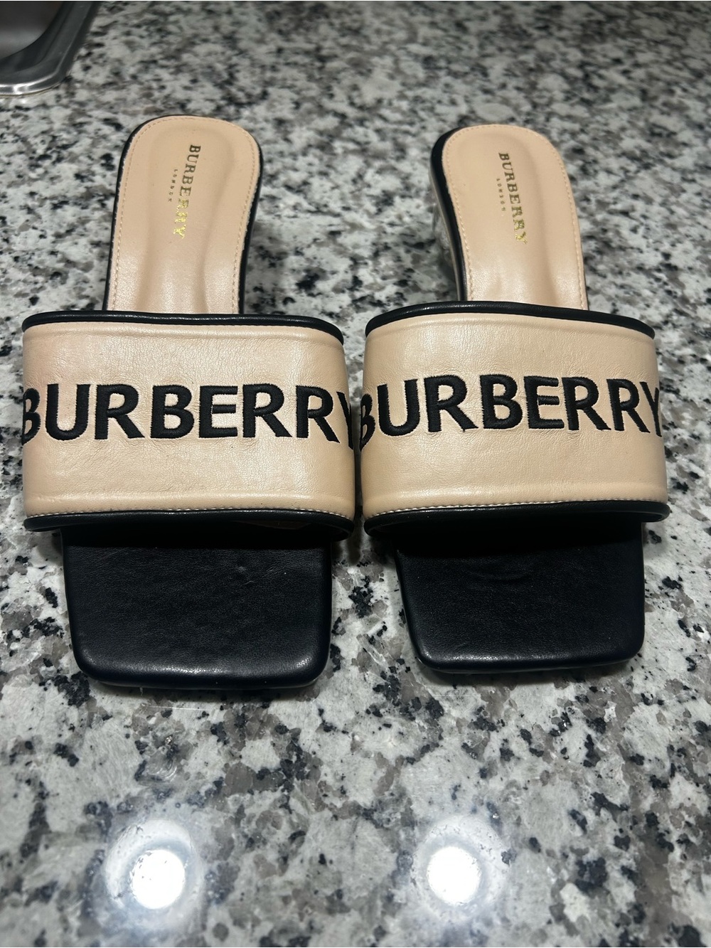 Burberry Beige and Black Logo Slide Mules